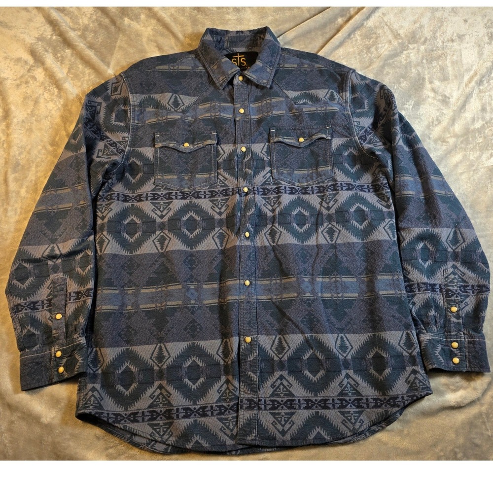 STS Ranchwear Western Pearl Snap Shirt Mens XL Blue Aztec Geometric Long Sleeve
